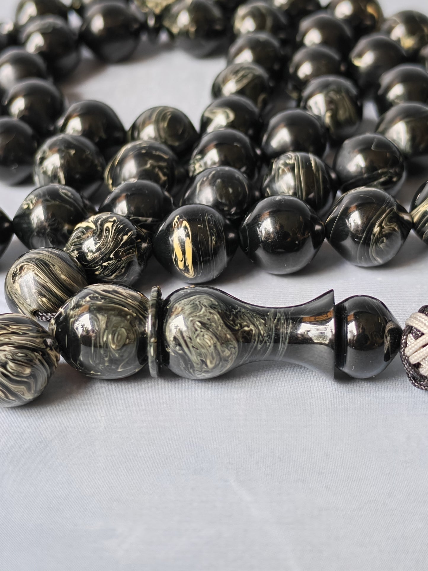 American Bakelite Rosary – 53 Beads | Rare Istanbul Shape in Black with White Veins
