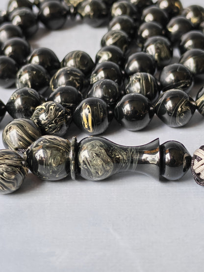 American Bakelite Rosary – 53 Beads | Rare Istanbul Shape in Black with White Veins