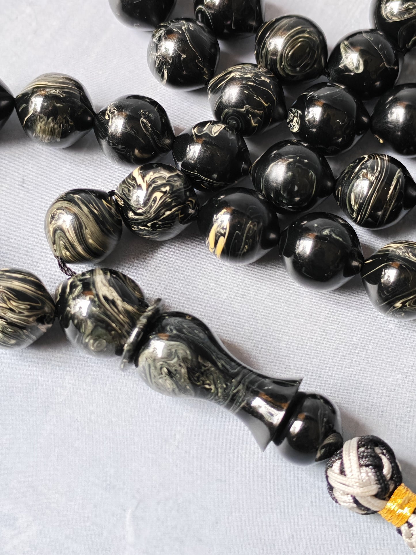 American Bakelite Rosary – 53 Beads | Rare Istanbul Shape in Black with White Veins