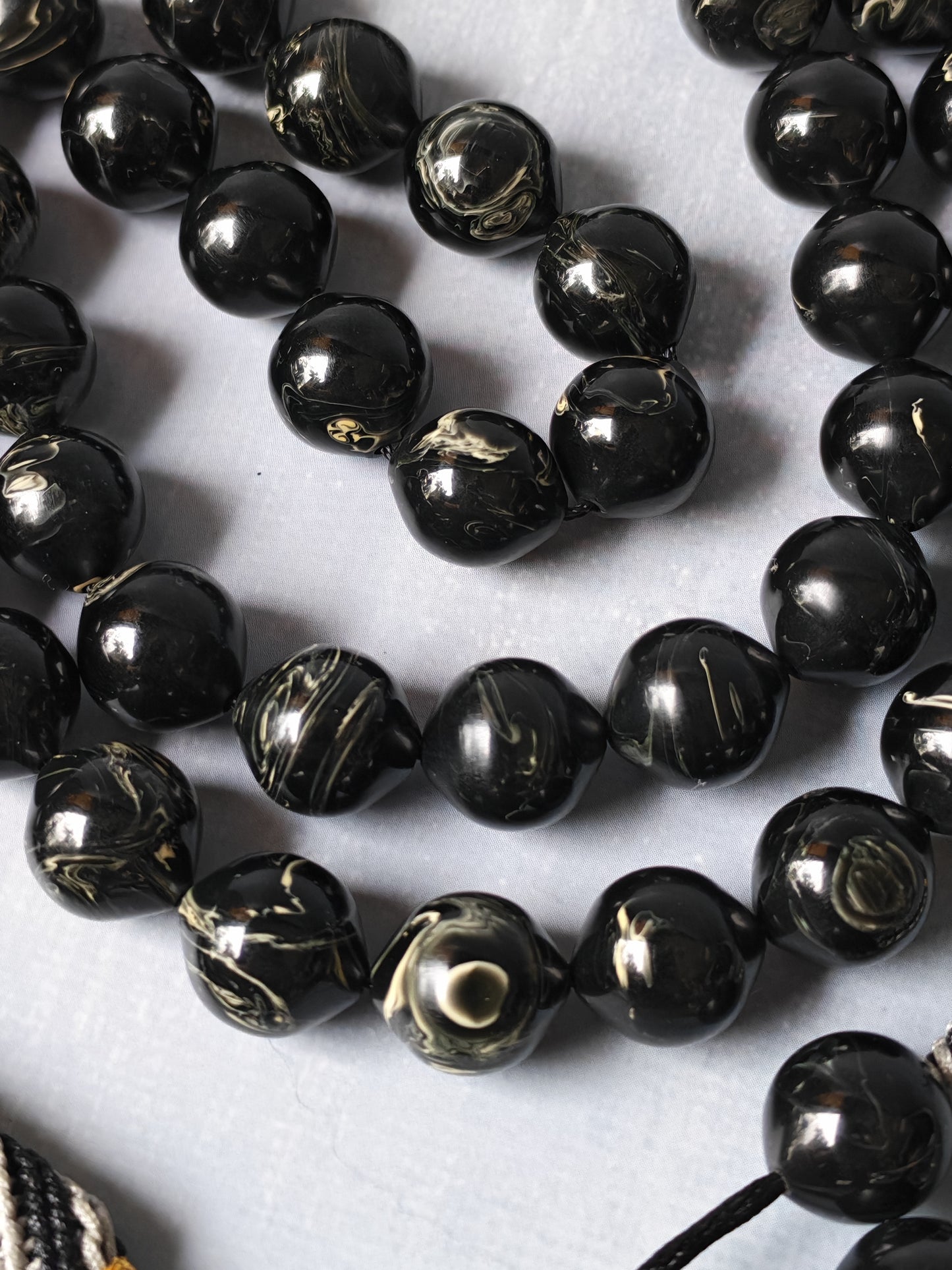 American Bakelite Rosary – 53 Beads | Rare Istanbul Shape in Black with White Veins