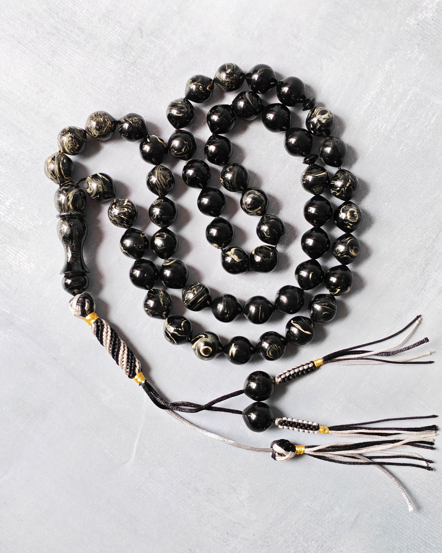 American Bakelite Rosary – 53 Beads | Rare Istanbul Shape in Black with White Veins