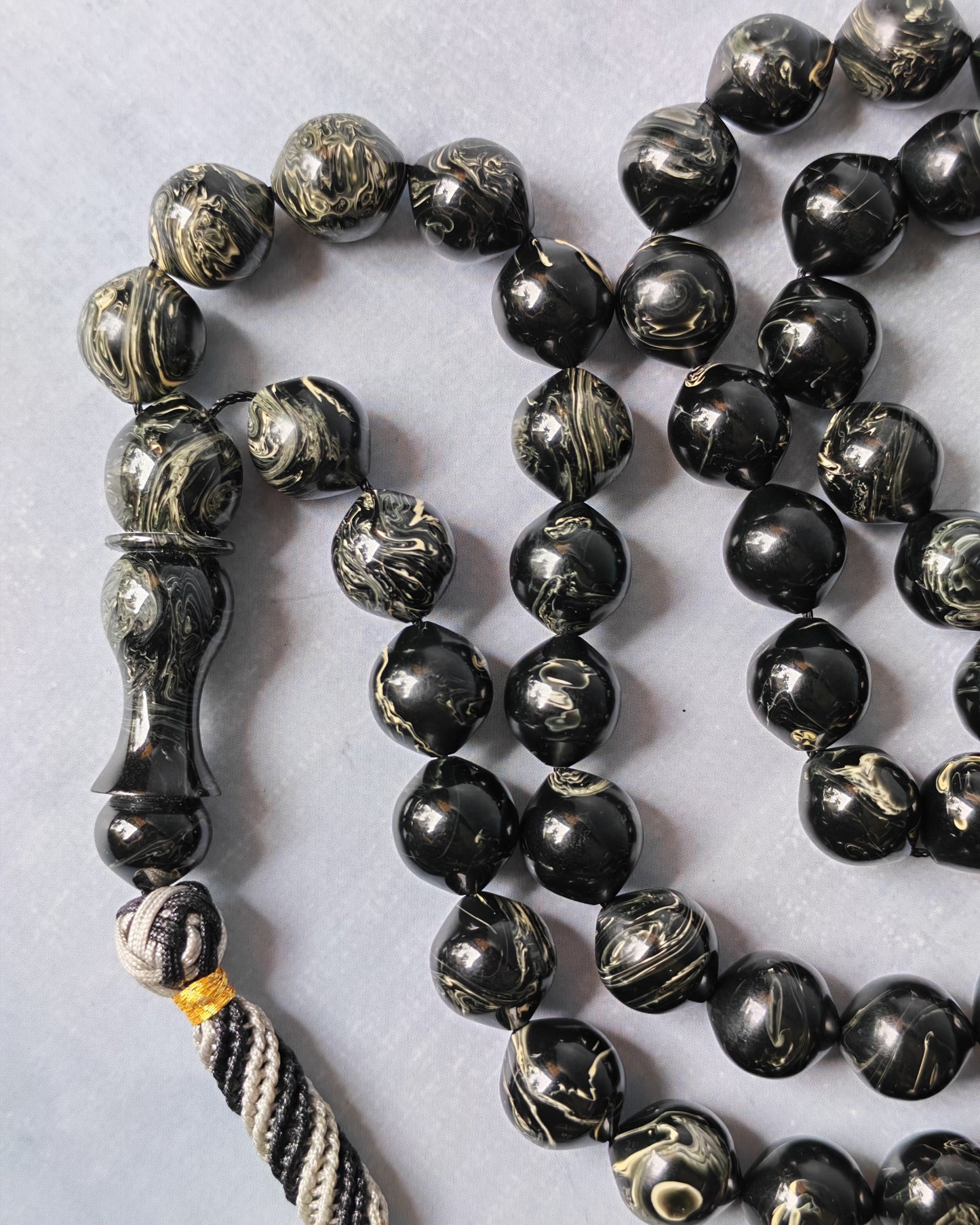 American Bakelite Rosary – 53 Beads | Rare Istanbul Shape in Black with White Veins