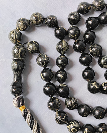 American Bakelite Rosary – 53 Beads | Rare Istanbul Shape in Black with White Veins