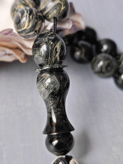 American Bakelite Rosary – 53 Beads | Rare Istanbul Shape in Black with White Veins