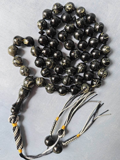 American Bakelite Rosary – 53 Beads | Rare Istanbul Shape in Black with White Veins