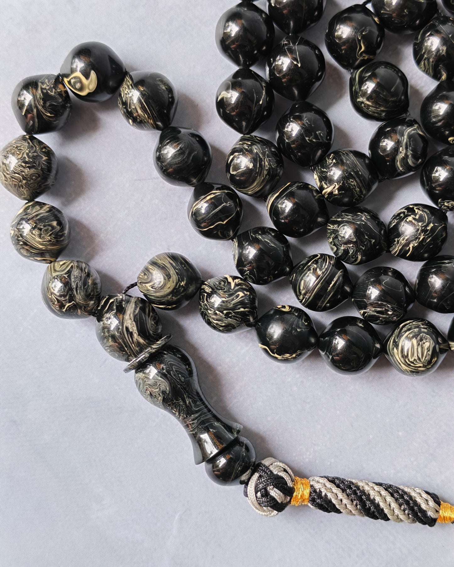American Bakelite Rosary – 53 Beads | Rare Istanbul Shape in Black with White Veins