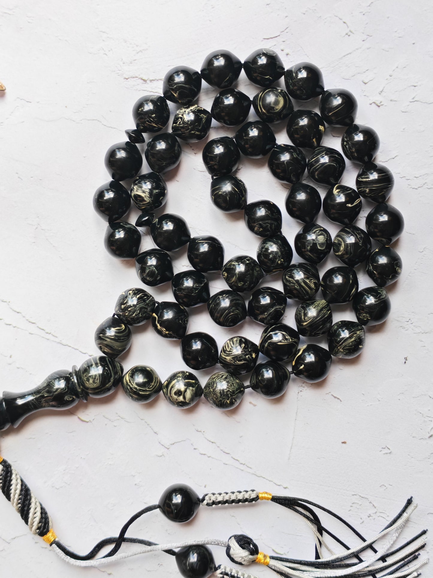 American Bakelite Rosary – 53 Beads | Rare Istanbul Shape in Black with White Veins