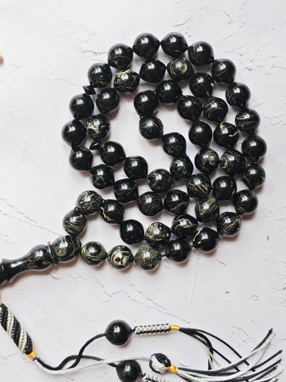 American Bakelite Rosary – 53 Beads | Rare Istanbul Shape in Black with White Veins