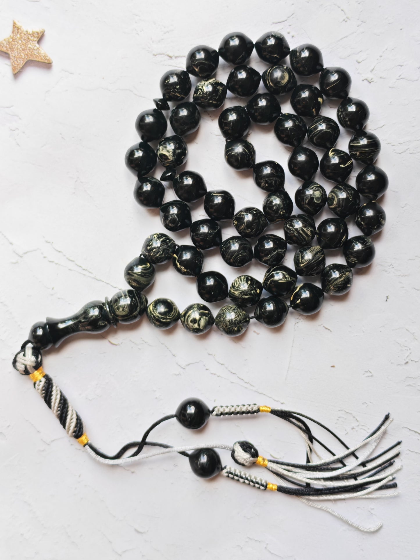 American Bakelite Rosary – 53 Beads | Rare Istanbul Shape in Black with White Veins