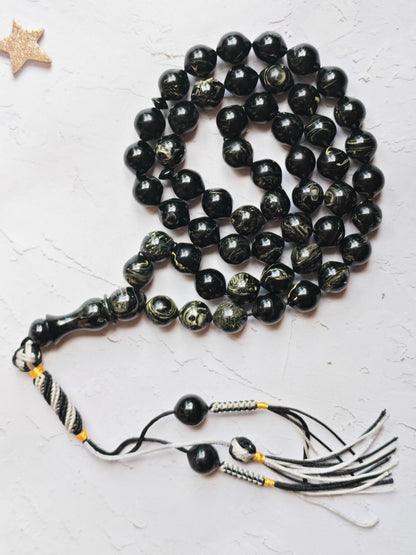 American Bakelite Rosary – 53 Beads | Rare Istanbul Shape in Black with White Veins