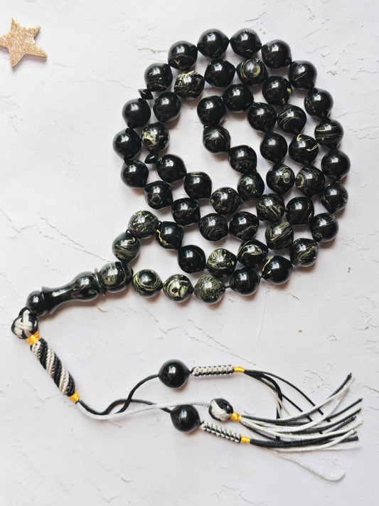 American Bakelite Rosary – 53 Beads | Rare Istanbul Shape in Black with White Veins