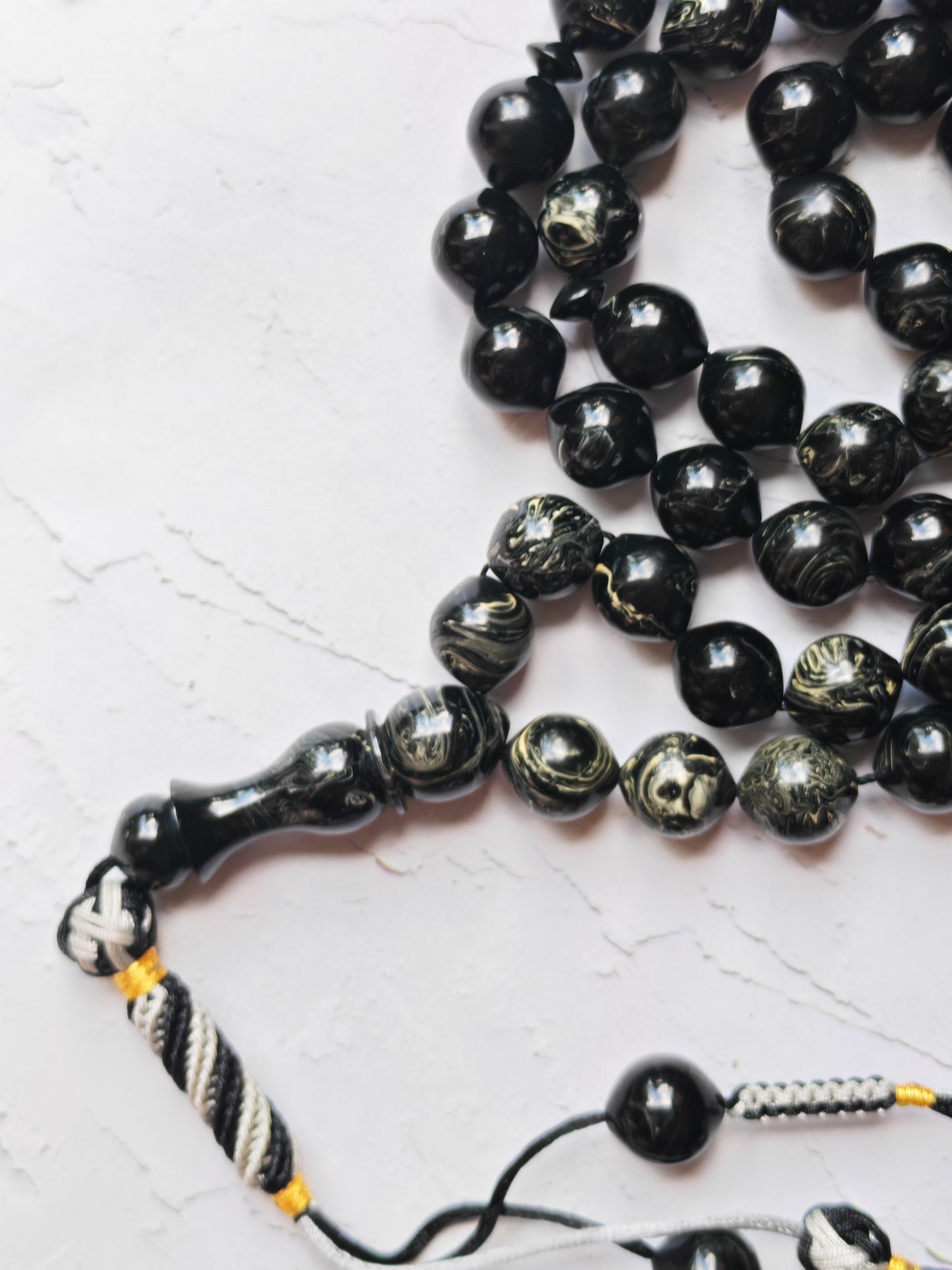 American Bakelite Rosary – 53 Beads | Rare Istanbul Shape in Black with White Veins
