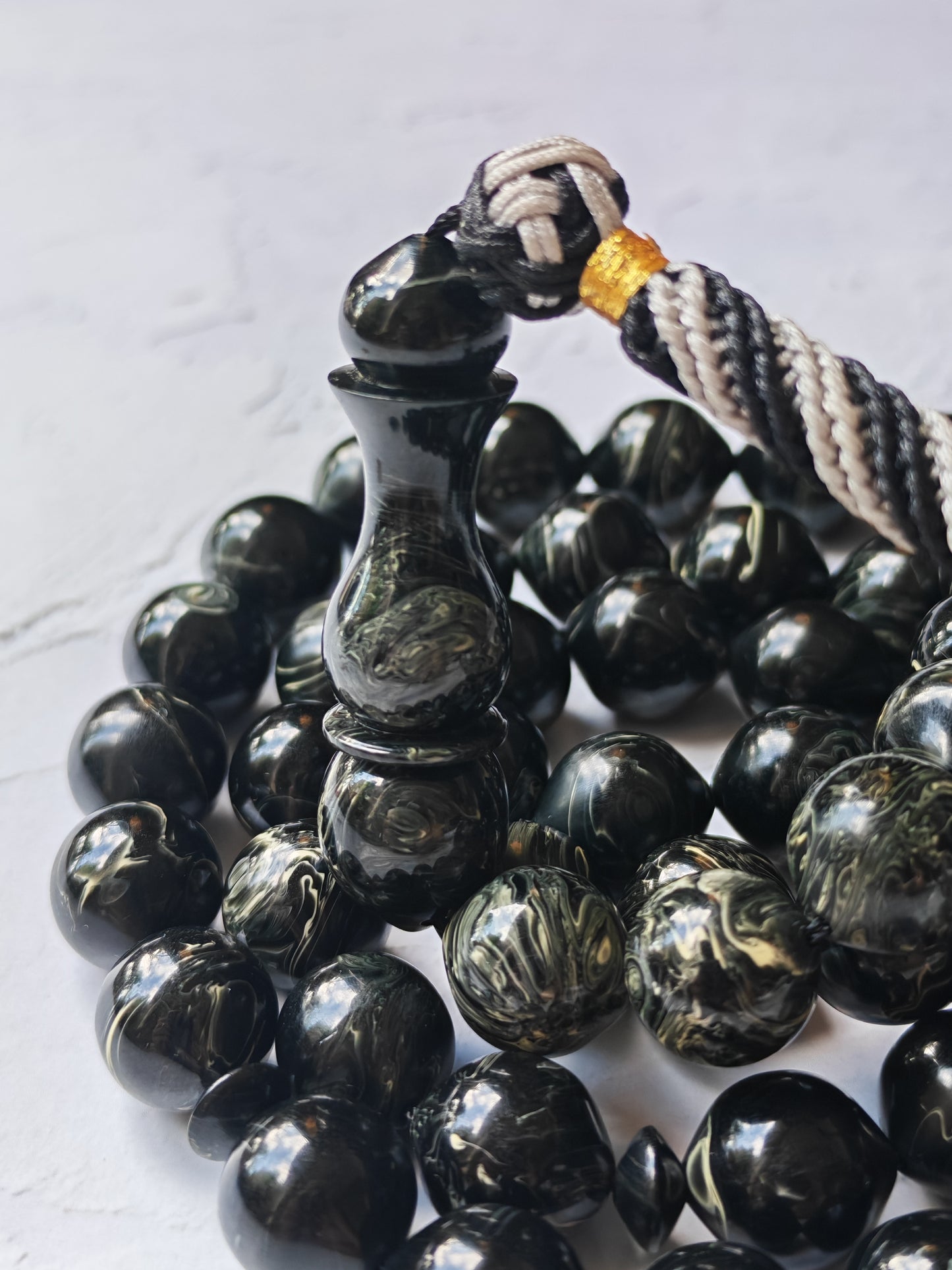 American Bakelite Rosary – 53 Beads | Rare Istanbul Shape in Black with White Veins