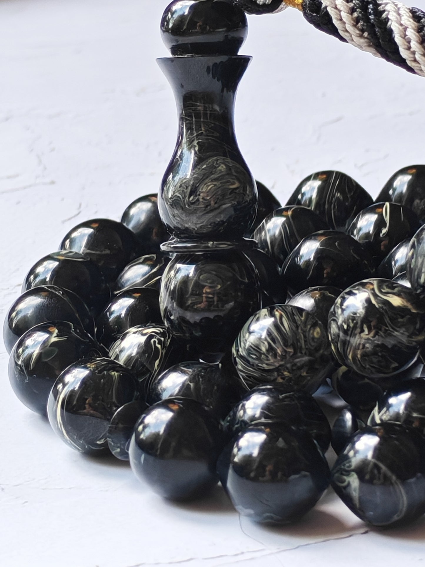 American Bakelite Rosary – 53 Beads | Rare Istanbul Shape in Black with White Veins