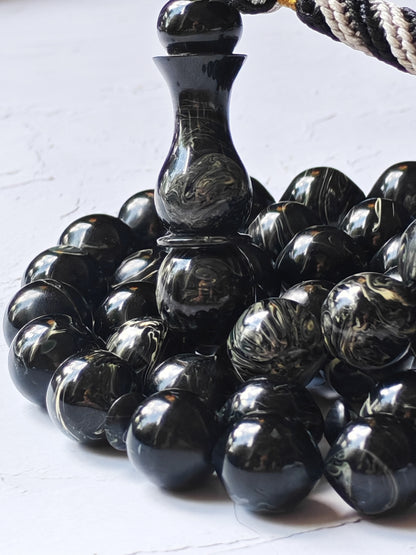 American Bakelite Rosary – 53 Beads | Rare Istanbul Shape in Black with White Veins