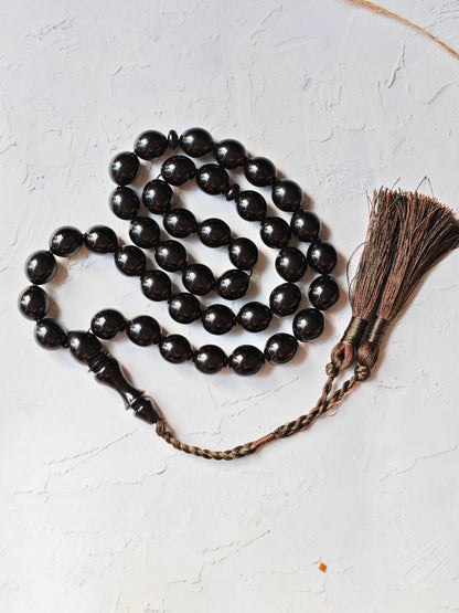 French Bakelite Rosary – 41 Pigeon-Egg Beads | Chameleon Green-Black with Red Overlay Effect