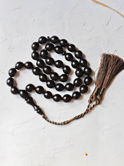 French Bakelite Rosary – 41 Pigeon-Egg Beads | Chameleon Green-Black with Red Overlay Effect