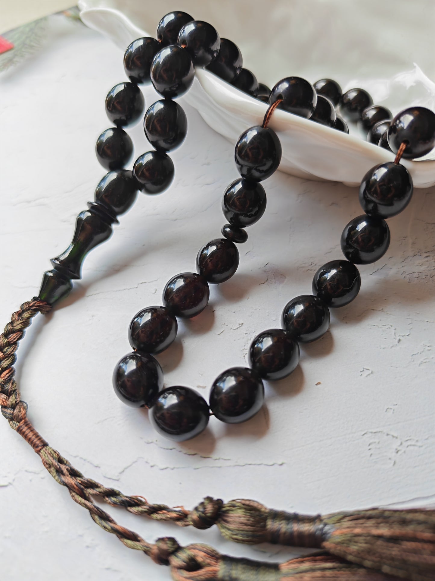 French Bakelite Rosary – 41 Pigeon-Egg Beads | Chameleon Green-Black with Red Overlay Effect