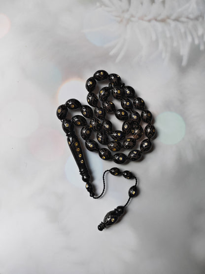 Black Coral & Citrine Tasbih | 33 Olive-Shaped Beads with Hand-Engraved Silver