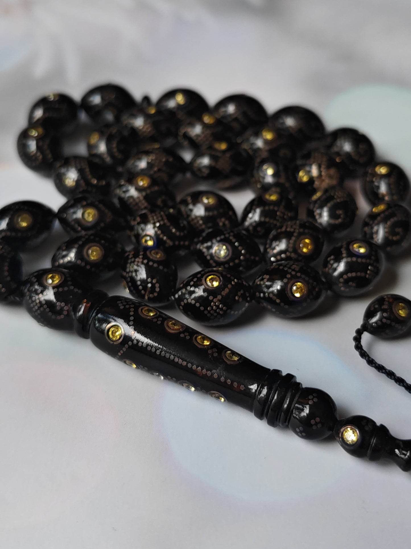 Black Coral & Citrine Tasbih | 33 Olive-Shaped Beads with Hand-Engraved Silver