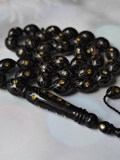 Black Coral & Citrine Tasbih | 33 Olive-Shaped Beads with Hand-Engraved Silver
