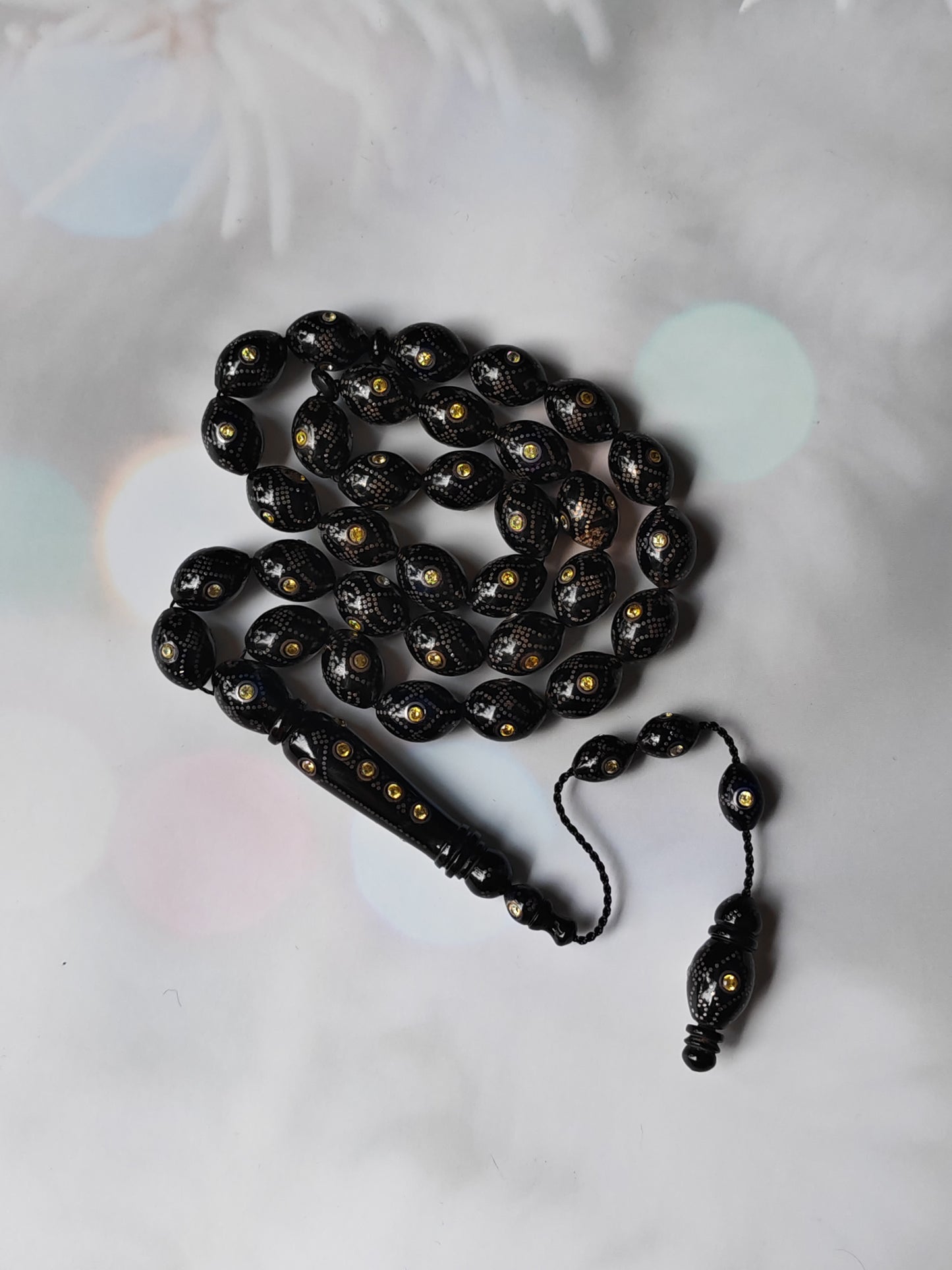Black Coral & Citrine Tasbih | 33 Olive-Shaped Beads with Hand-Engraved Silver