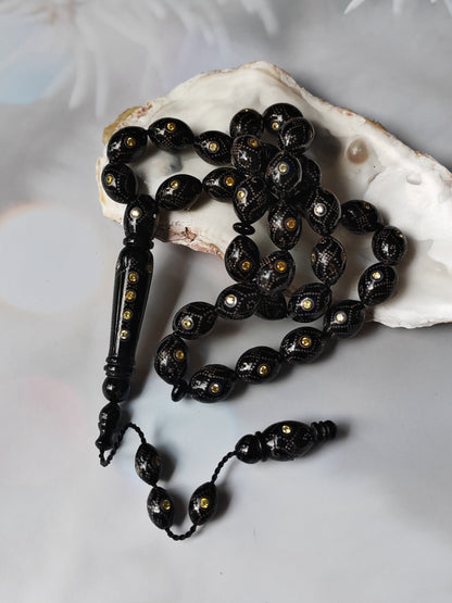 Black Coral & Citrine Tasbih | 33 Olive-Shaped Beads with Hand-Engraved Silver