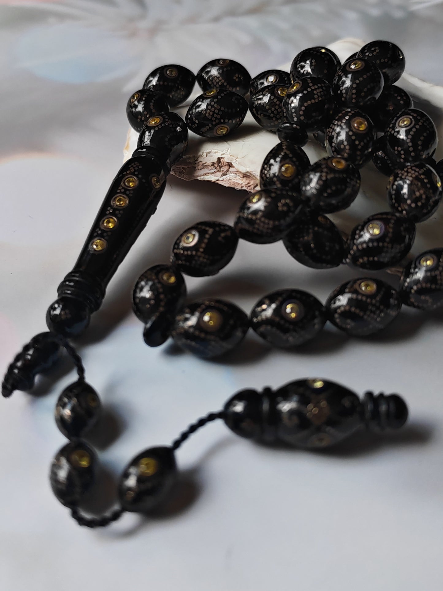 Black Coral & Citrine Tasbih | 33 Olive-Shaped Beads with Hand-Engraved Silver