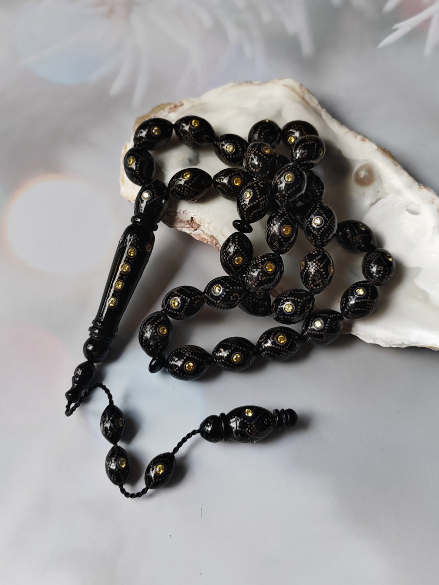Black Coral & Citrine Tasbih | 33 Olive-Shaped Beads with Hand-Engraved Silver