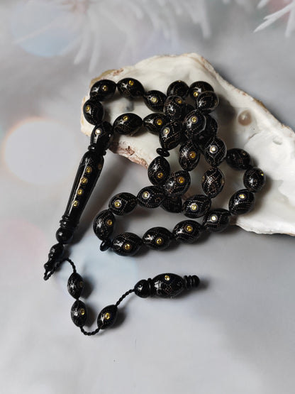 Black Coral & Citrine Tasbih | 33 Olive-Shaped Beads with Hand-Engraved Silver