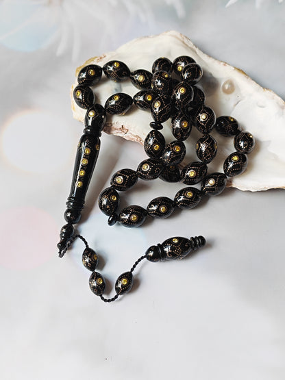 Black Coral & Citrine Tasbih | 33 Olive-Shaped Beads with Hand-Engraved Silver