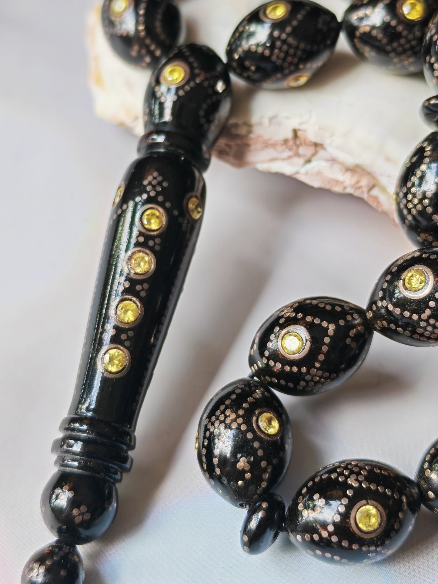 Black Coral & Citrine Tasbih | 33 Olive-Shaped Beads with Hand-Engraved Silver
