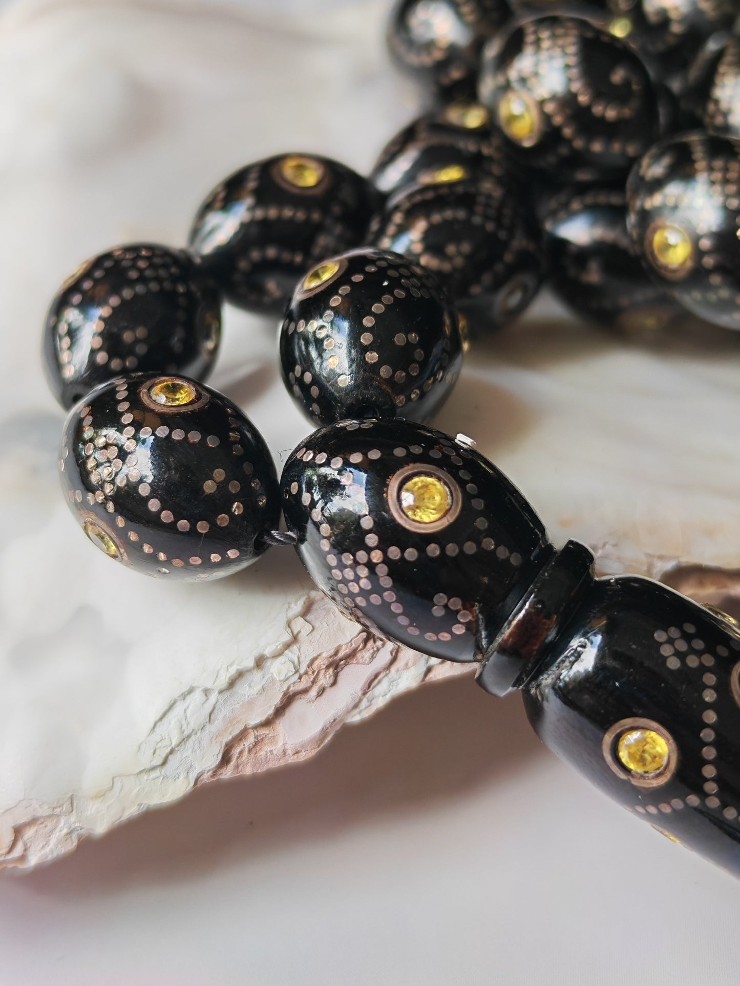Black Coral & Citrine Tasbih | 33 Olive-Shaped Beads with Hand-Engraved Silver