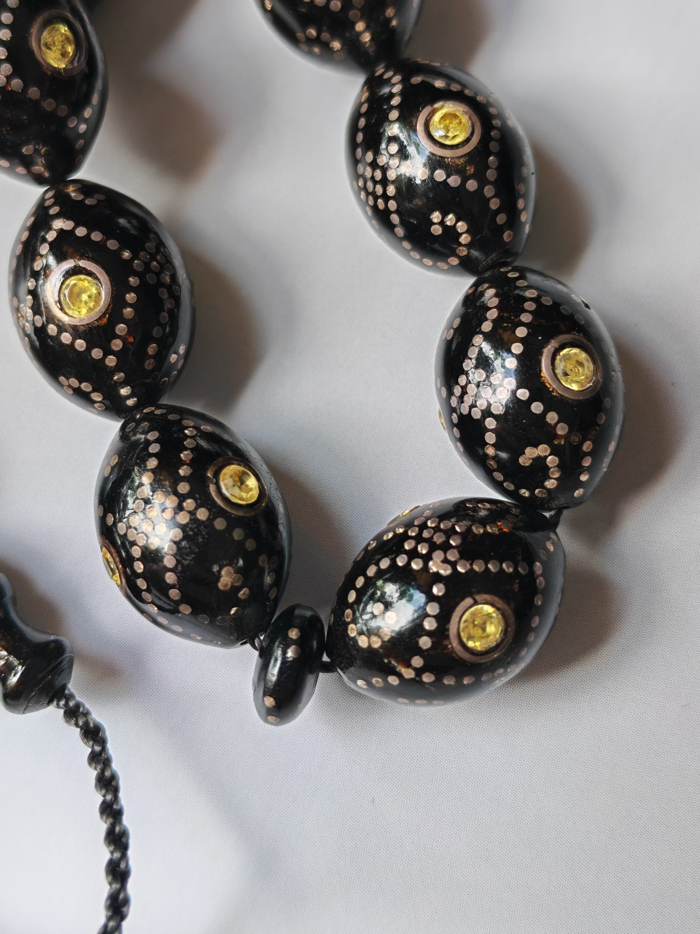 Black Coral & Citrine Tasbih | 33 Olive-Shaped Beads with Hand-Engraved Silver
