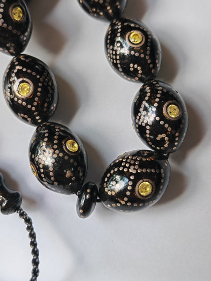 Black Coral & Citrine Tasbih | 33 Olive-Shaped Beads with Hand-Engraved Silver