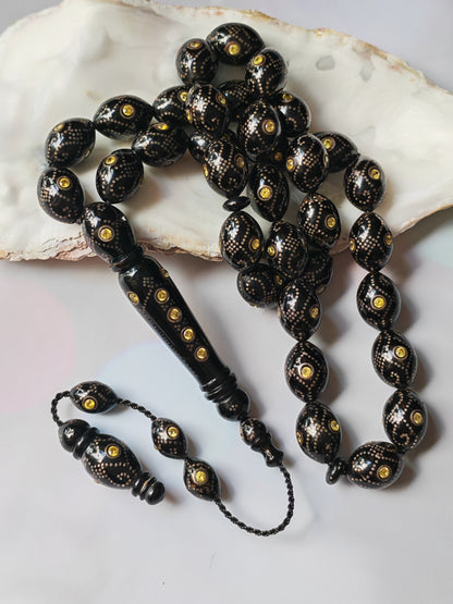 Black Coral & Citrine Tasbih | 33 Olive-Shaped Beads with Hand-Engraved Silver