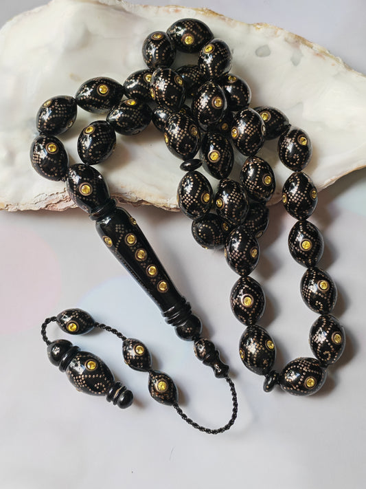 Black Coral & Citrine Tasbih | 33 Olive-Shaped Beads with Hand-Engraved Silver