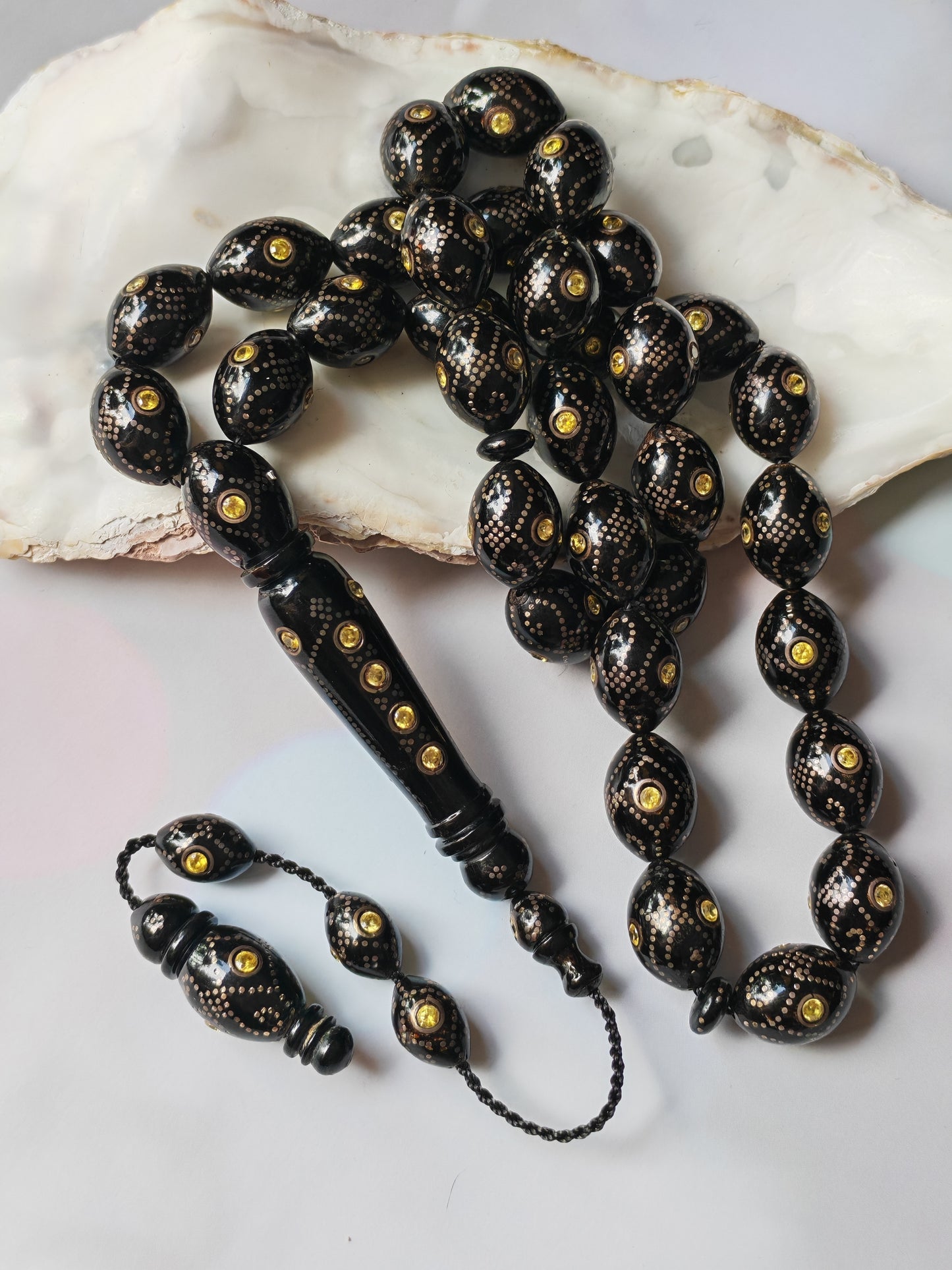 Black Coral & Citrine Tasbih | 33 Olive-Shaped Beads with Hand-Engraved Silver