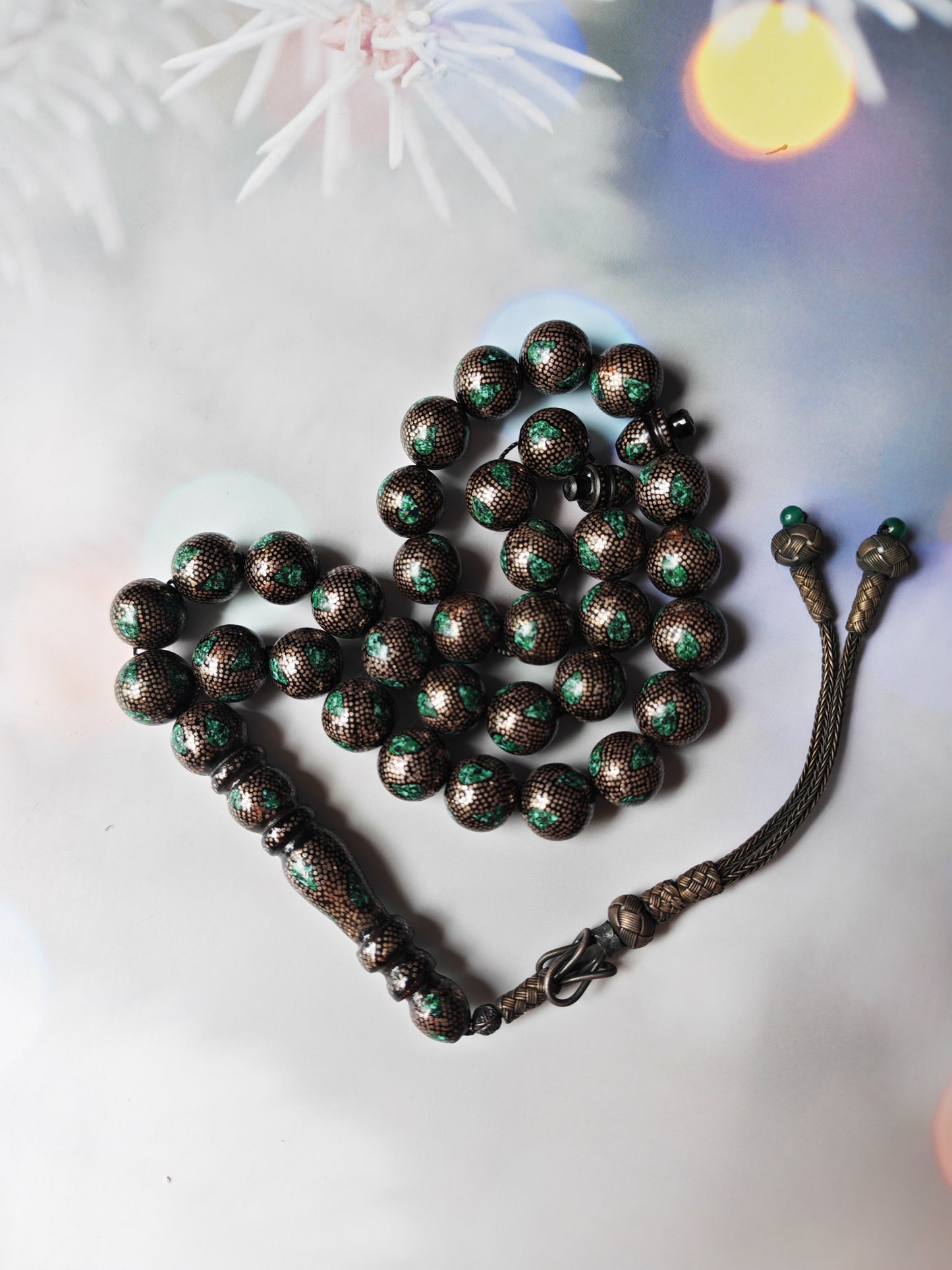 Black Coral & Malachite Tasbih | 33 Beads | Hand-Engraved Silver | Egyptian Craft