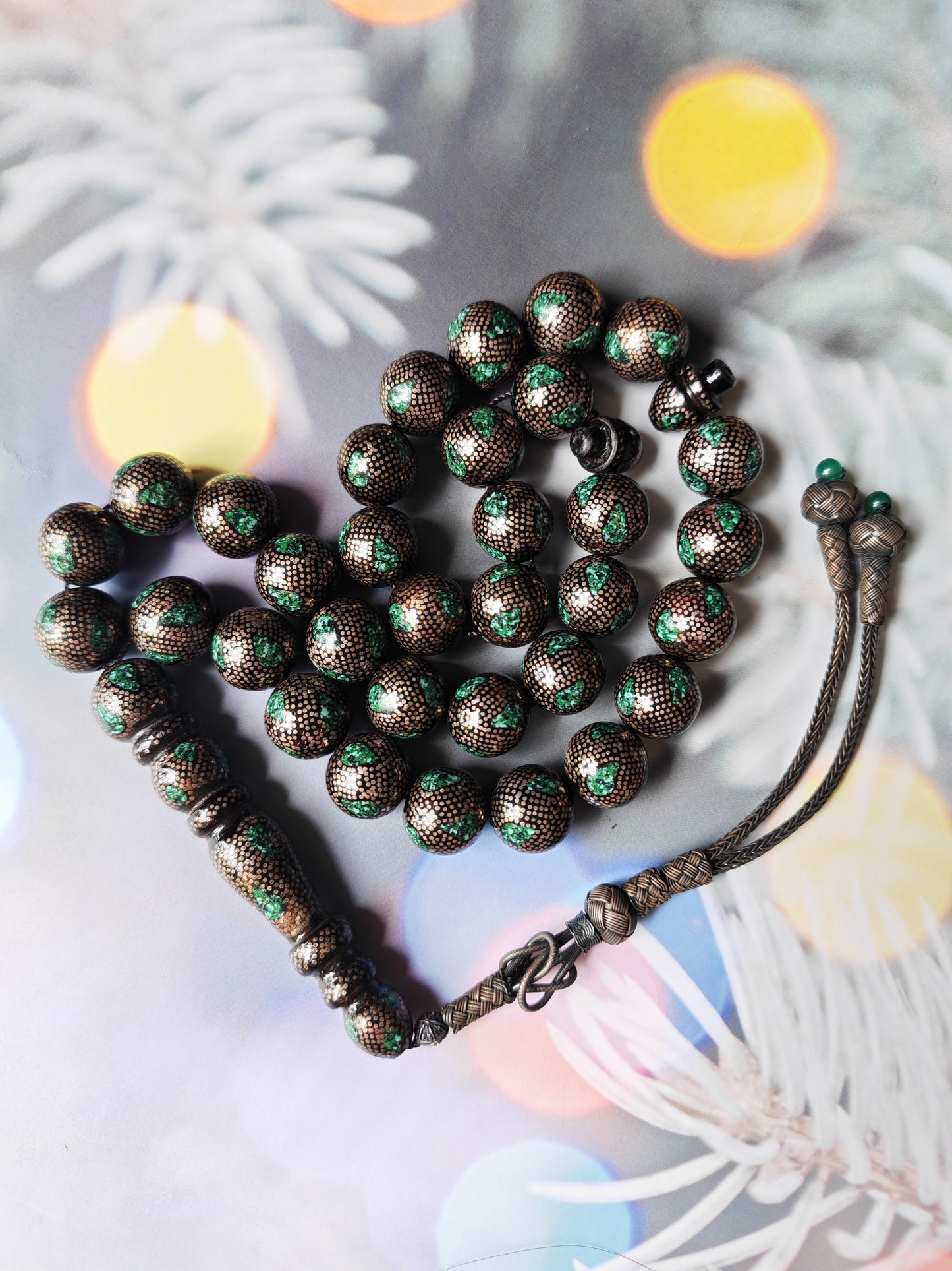 Black Coral & Malachite Tasbih | 33 Beads | Hand-Engraved Silver | Egyptian Craft