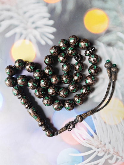 Black Coral & Malachite Tasbih | 33 Beads | Hand-Engraved Silver | Egyptian Craft