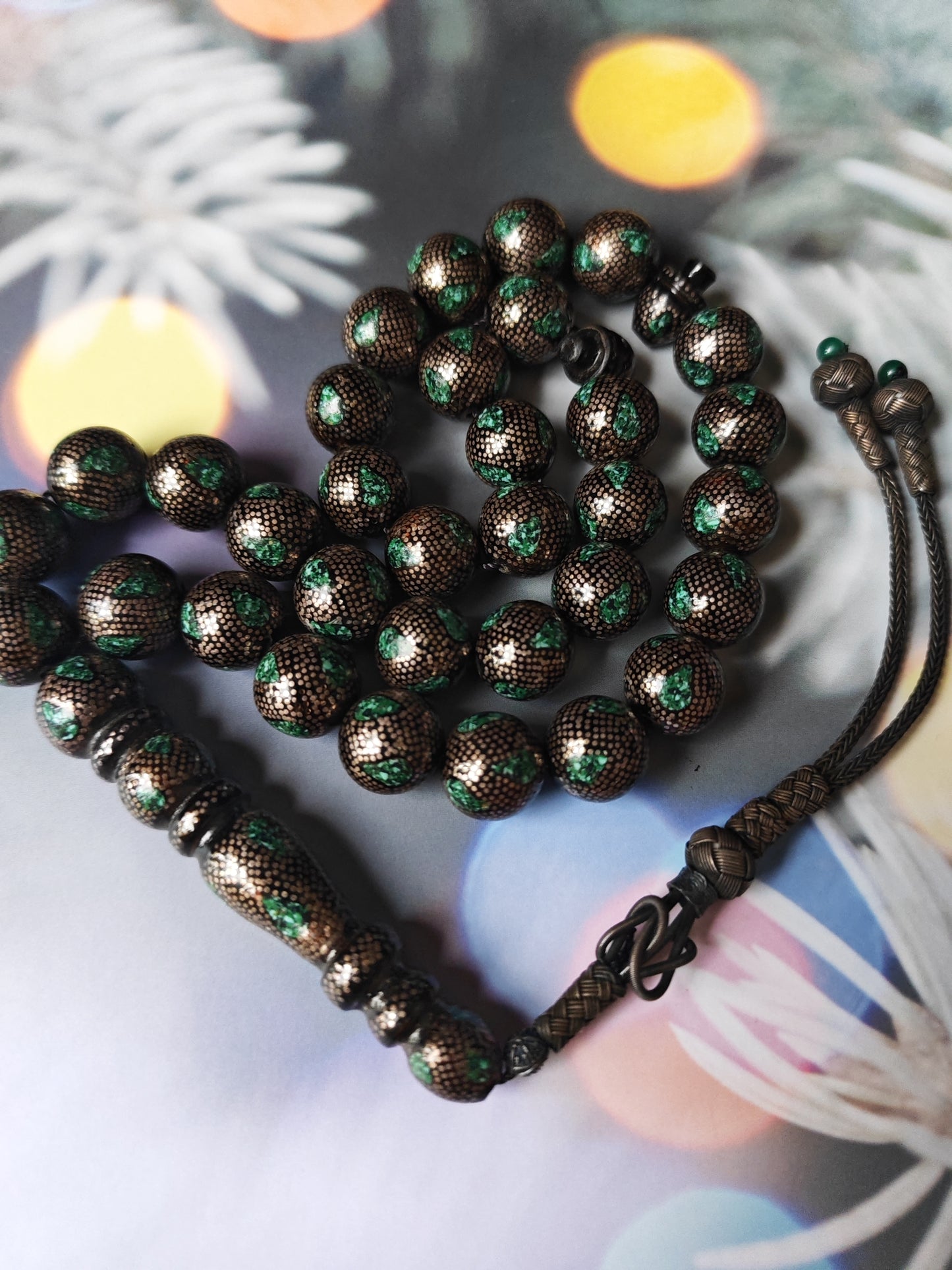 Black Coral & Malachite Tasbih | 33 Beads | Hand-Engraved Silver | Egyptian Craft