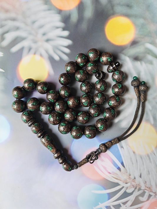 Black Coral & Malachite Tasbih | 33 Beads | Hand-Engraved Silver | Egyptian Craft
