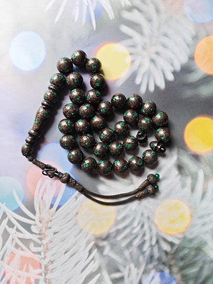 Black Coral & Malachite Tasbih | 33 Beads | Hand-Engraved Silver | Egyptian Craft