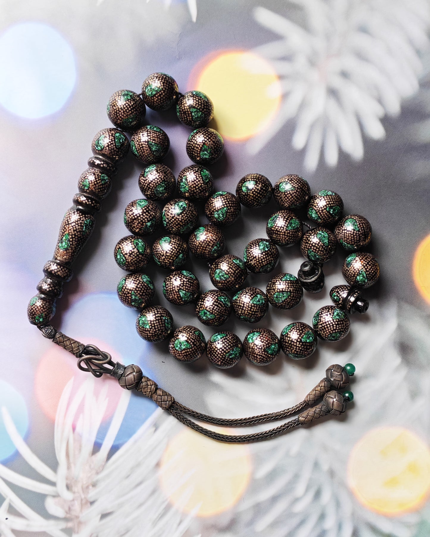 Black Coral & Malachite Tasbih | 33 Beads | Hand-Engraved Silver | Egyptian Craft