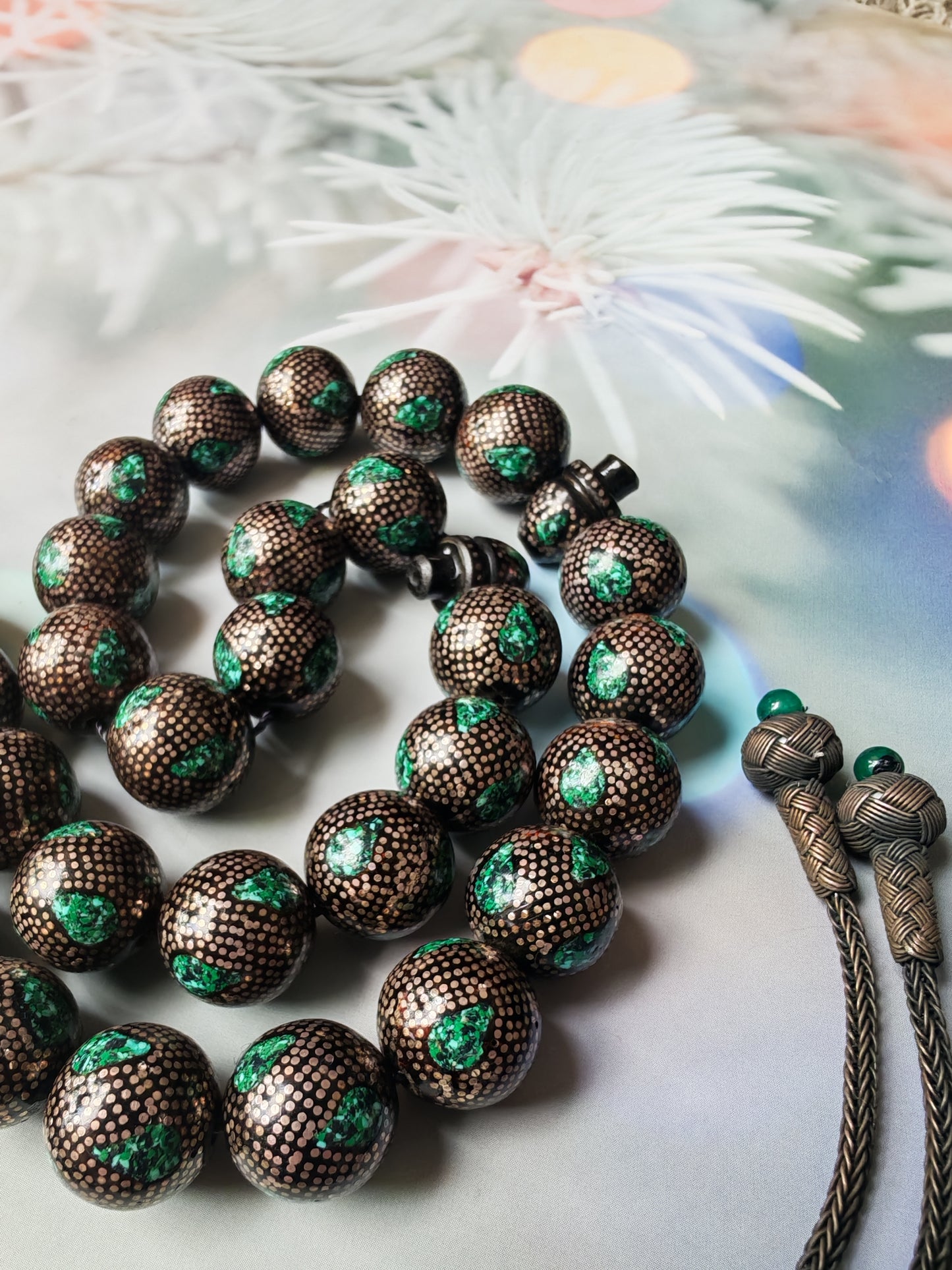 Black Coral & Malachite Tasbih | 33 Beads | Hand-Engraved Silver | Egyptian Craft