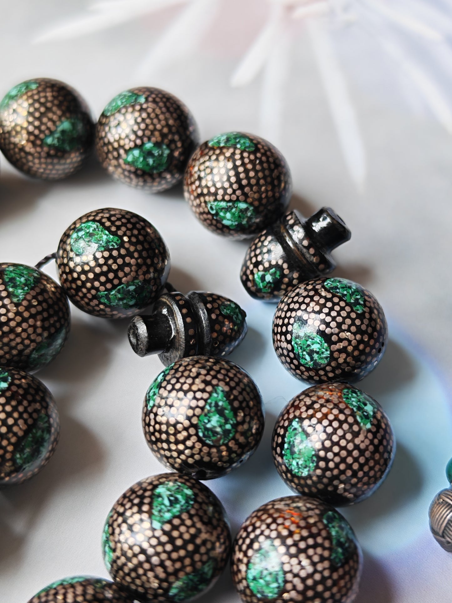 Black Coral & Malachite Tasbih | 33 Beads | Hand-Engraved Silver | Egyptian Craft