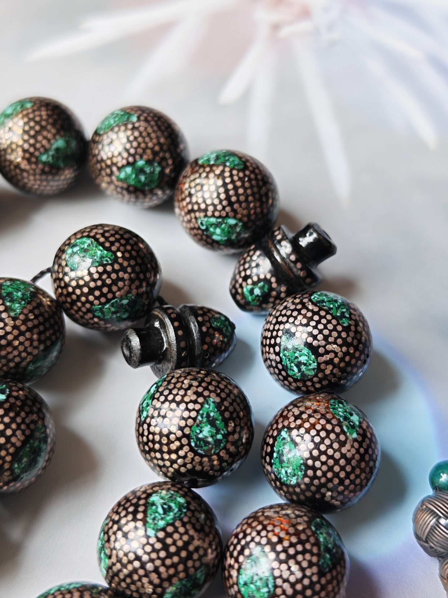 Black Coral & Malachite Tasbih | 33 Beads | Hand-Engraved Silver | Egyptian Craft