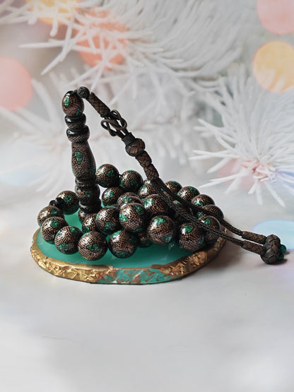 Black Coral & Malachite Tasbih | 33 Beads | Hand-Engraved Silver | Egyptian Craft