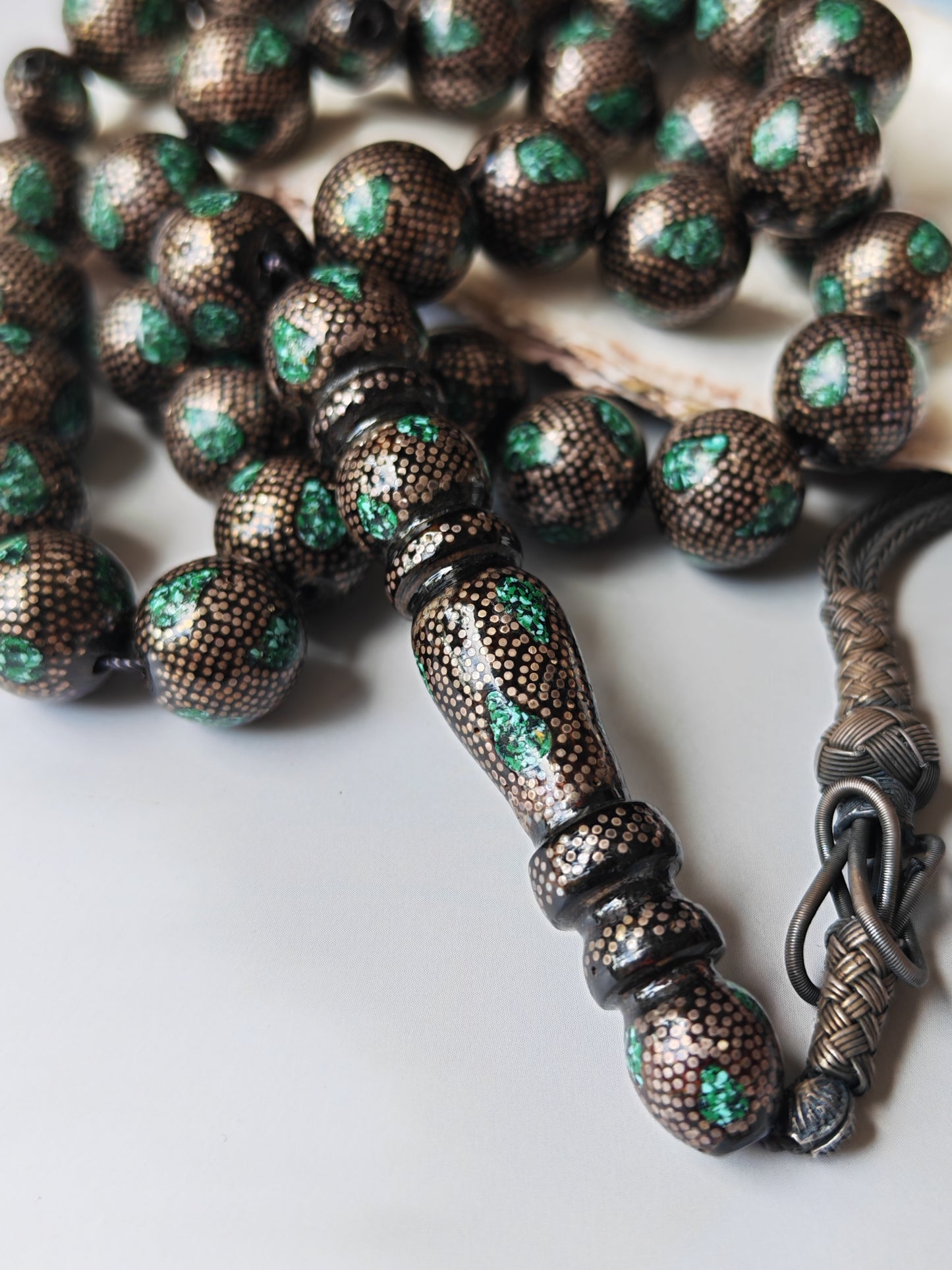 Black Coral & Malachite Tasbih | 33 Beads | Hand-Engraved Silver | Egyptian Craft